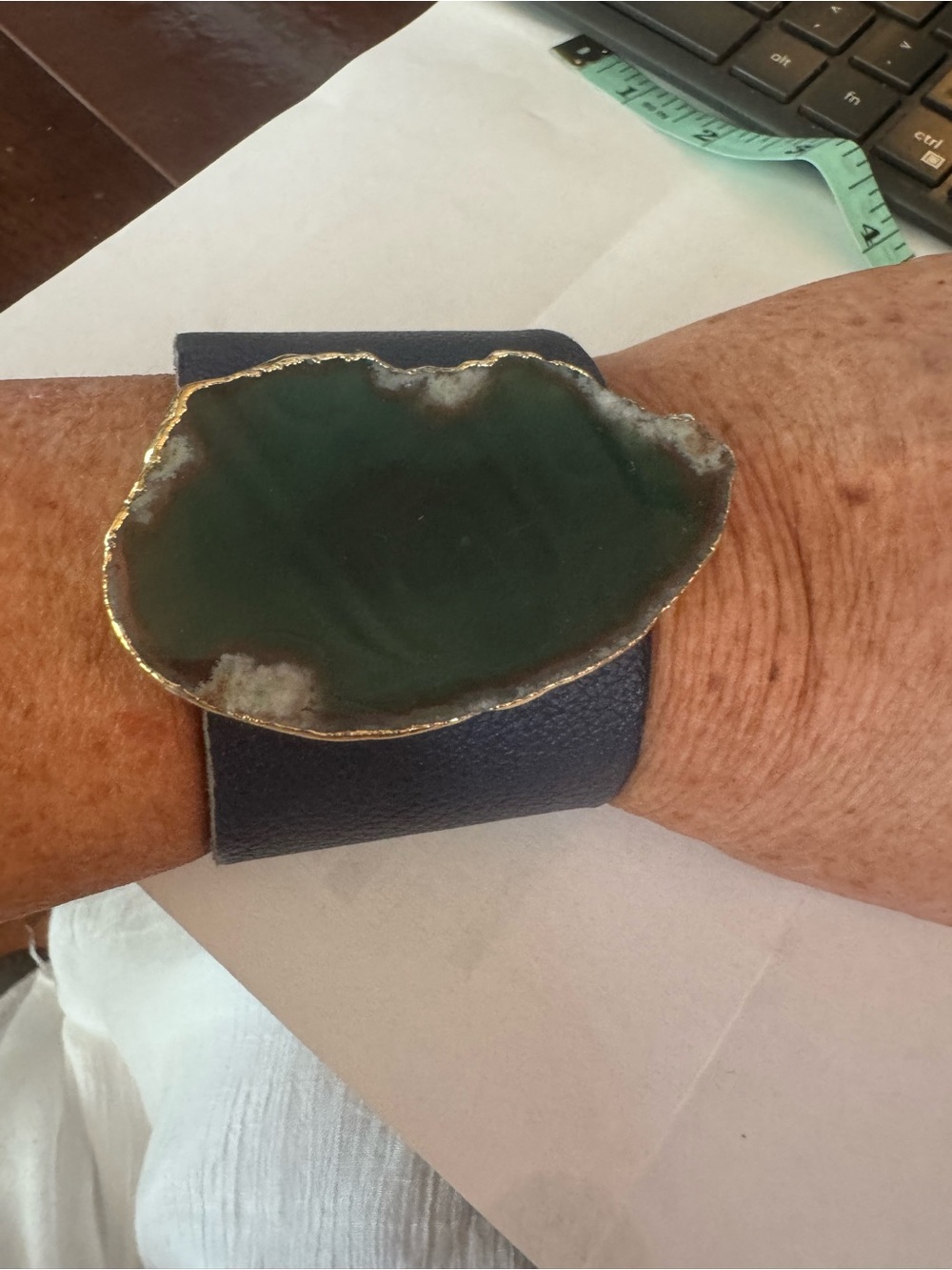 Handcrafted Green Agate Statement Cuff Bracelet - Navy Leather Band
